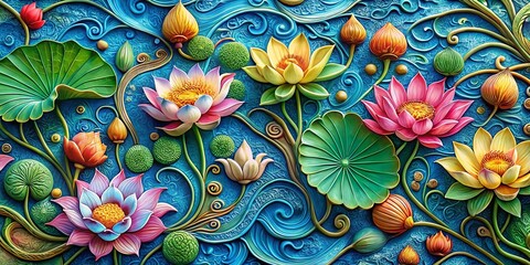 Intricate Floral Design Relief Pattern with Lotus Leaves and Swirls on a Blue Background for Decorative Artistry