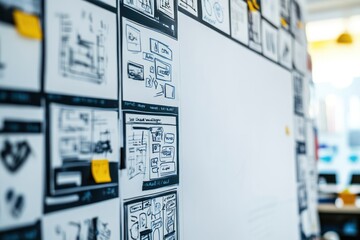 A wall covered with sketches and wireframes for project brainstorming and design.