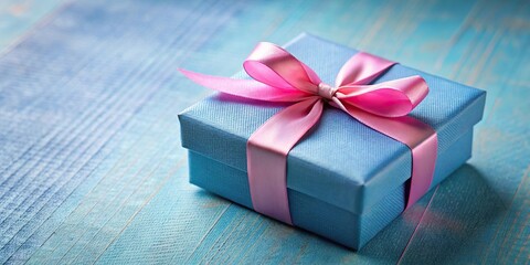 Blue gift box with pink ribbon and bow