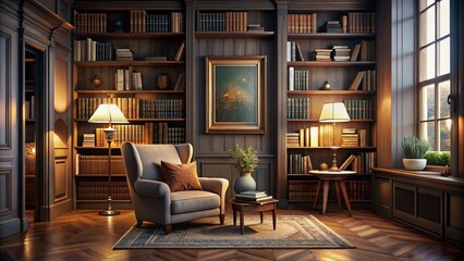 Fototapeta premium Inviting Library Scene with Framed Poster Mockup and Cozy Reading Chair in Low Light