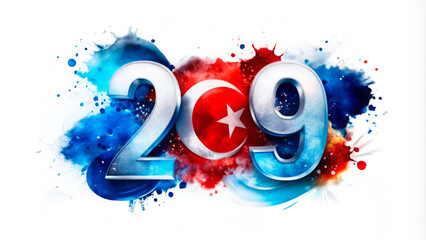 Watercolor artwork of number 29 merging with the Turkish flag, symbolizing October 29th, Turkey's Republic Day. Ideal for national celebrations, educational content, and cultural promotions