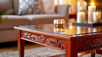 Elegant wooden coffee table with intricate carvings and glass top, surrounded by candles in a cozy living room setting