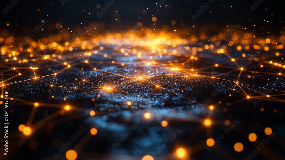 Aufkleber The scene presents a vibrant digital network of interconnected lines and glowing orange nodes against a dark backdrop, emphasizing the concept of connectivity in technology.