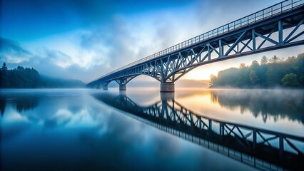 Fototapeta premium Iron Bridge on a Foggy Lake - Minimalist Photography for Serene Nature Scenes