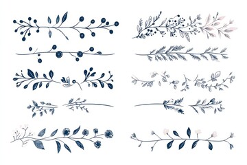 Vector flat style vector design set of simple line art decorative borders, and floral ornaments for wedding invitation cards with a white background