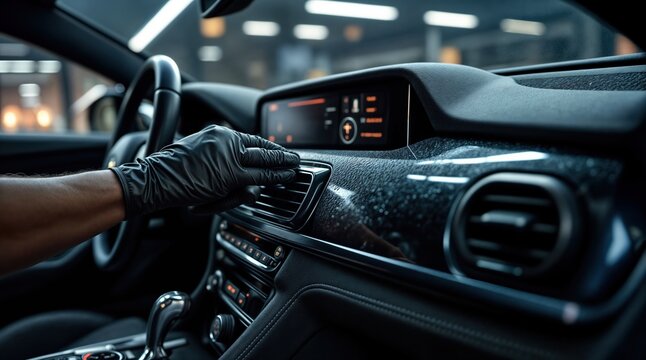 professionelle Autoreinigung in einer Werkstatt - Mann reinigt den Innenraum eines Fahrzeuges mit einem Tuch aus Mikrofaser