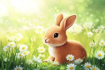 Obraz premium Adorable Cartoon Bunny Enjoying a Daisy Meadow