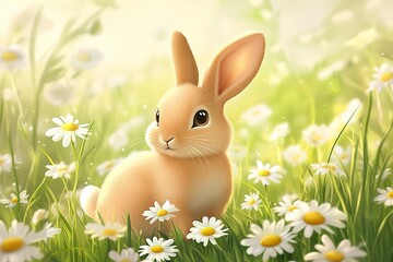 Adorable Fluffy Bunny Enjoying a Daisy Meadow