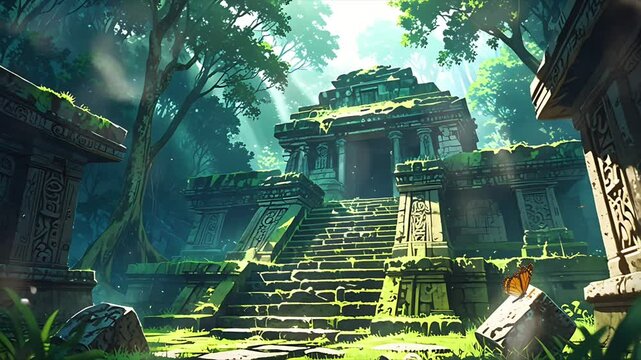 A Wayan temple in the middle of a mossy and abandoned forest. Seamless 4K looping timelapse video animation background