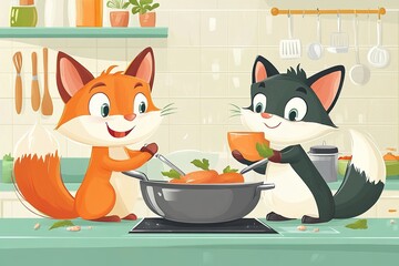 Friendly Cooking Competition: Fox and Cat Cartoon
