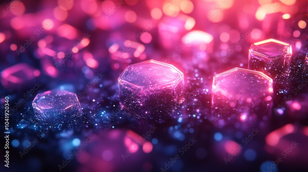 Poster glowing, colorful crystals in various hexagonal shapes are scattered across a shimmering surface, il