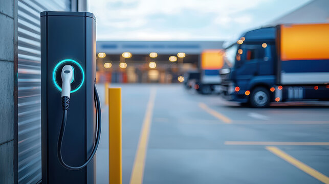 Electric vehicle charging station with trucks in background, showcasing modern transport