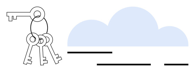Keys on a keyring are next to a cloud. Ideal for security, cloud storage, data protection, key management, digital access. Simple, modern, clean