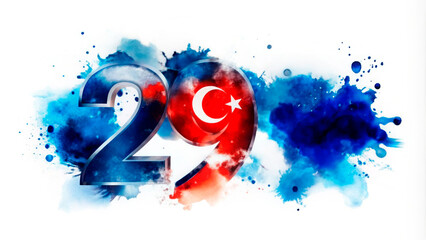Watercolor artwork of number 29 merging with the Turkish flag, symbolizing October 29th, Turkey's Republic Day. Ideal for national celebrations, educational content, and cultural promotions