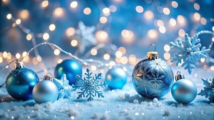 Joyful Winter Decorations with Blue Ornaments and Fairy Lights for a Festive Holiday Atmosphere