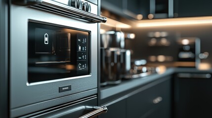 Obraz premium A sleek kitchen featuring smart appliances integrated with a home assistant, illustrating the future of smart living.