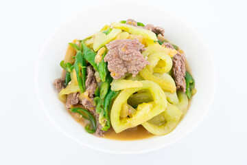A dish of home-cooked green tomato beef