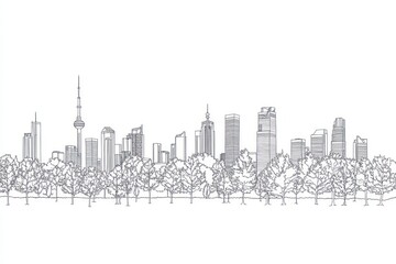 Obraz premium White line drawing illustration of the city skyline with buildings and trees on a white background