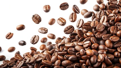 Closeup of coffee beans falling on white background, asymmetrical