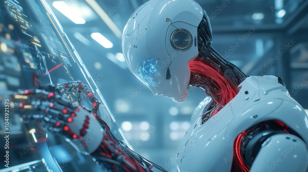 Aufkleber futuristic AI robot is depicted interacting with digital interface, showcasing advanced technology and intricate design. scene evokes sense of innovation and exploration