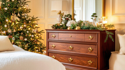 Cozy holiday bedroom scene featuring a decorated Christmas tree and elegant wooden dresser adorned...