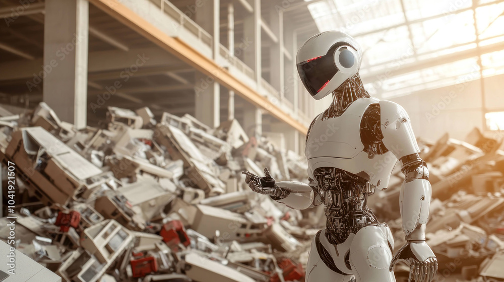 Poster futuristic robot stands confidently amidst chaotic scene of discarded electronics, showcasing advanc