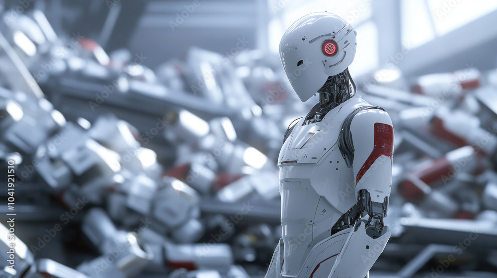 Poster futuristic ai robot stands amidst towering piles of discarded technology, showcasing blend of advanc