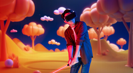 Skilled gamer wearing VR glasses while playing golf at metaverse or golf court with purple sky. Attractive golf player or athlete practicing sport skill while entering in simulated world. Ingenuity.