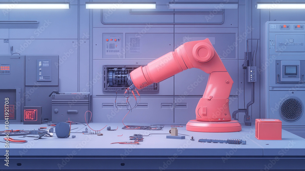 Aufkleber robotic arm in modern workshop surrounded by tools and wires, showcasing advanced technology and engineering. scene conveys sense of innovation and precision