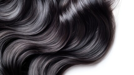 Fototapeta premium Loose, textured lock of wavy black hair, isolated on a white background. The hair has a natural sheen and thickness, with a soft wave. --chaos