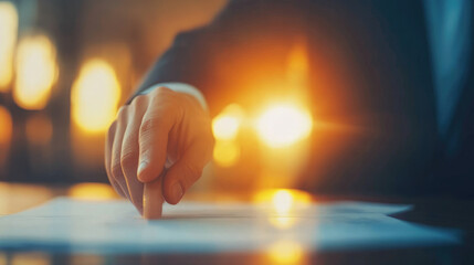 Businessman in suit, engaged in discussion, pointing at important documents on a polished desk, conveying urgency and professionalism.