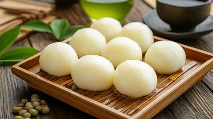 Mochi filled with sweet red bean paste, arranged on a wooden platter with green tea leaves in the background, for a classic Japanese dessert scene. --chaos