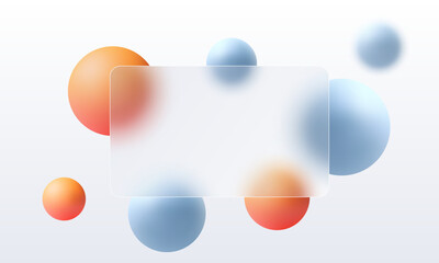 Website landing page template in glass morphism style. Frosted glass partition with floating spheres.