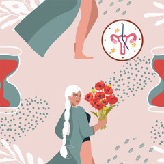 Seamless pattern with a woman, poppies. Symbol of menses. World Menopause Day. Gynecology. Women's health. Clock in the form of a uterus. Yand drawn illustration.
