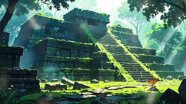 A Wayan temple in the middle of a mossy and abandoned forest. Seamless 4K looping timelapse video animation background