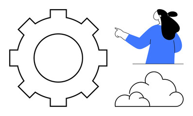 Large gear with person pointing, and cloud outline in minimalistic style. Ideal for technology, teamwork, productivity, machinery, and cloud computing themes