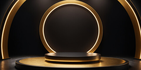 Black and gold empty podium on a dark abstract background. Modern platform for product placement, montage, promotion, mock up with copy space. 3d render for shopping day, Black friday or discount. 