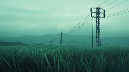 Obraz premium Blurry Landscape with Power Lines and Greenery