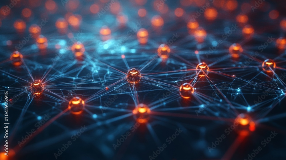 Leinwandbilder a vibrant digital network showcases interconnected nodes illuminated by orange and blue lights, crea