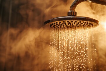 Chrome shower head with water flowing, dark background - concept of hygiene, bathroom, and cleanliness