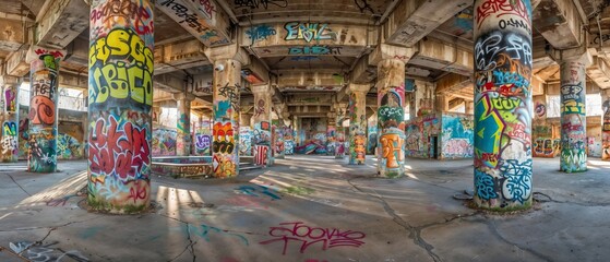 Fototapeta premium A spacious room filled with numerous columns that are covered in graffiti