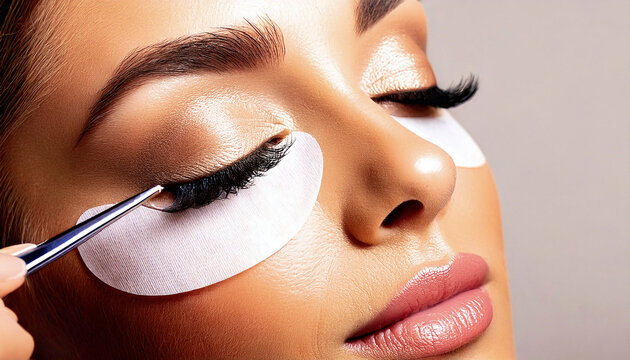 Close-up of young adult caucasian woman getting eyelash extensions procedure, applied with tweezers, showing details and beauty enhancement process for cosmetic professional beautician salon treatment