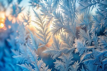 Light Blue Frozen Window Glass with Frost Patterns in Winter Morning Light - High Quality Image for Nature