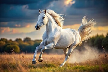 Fototapeta premium description: Picture of a galloping white horse in macro focus