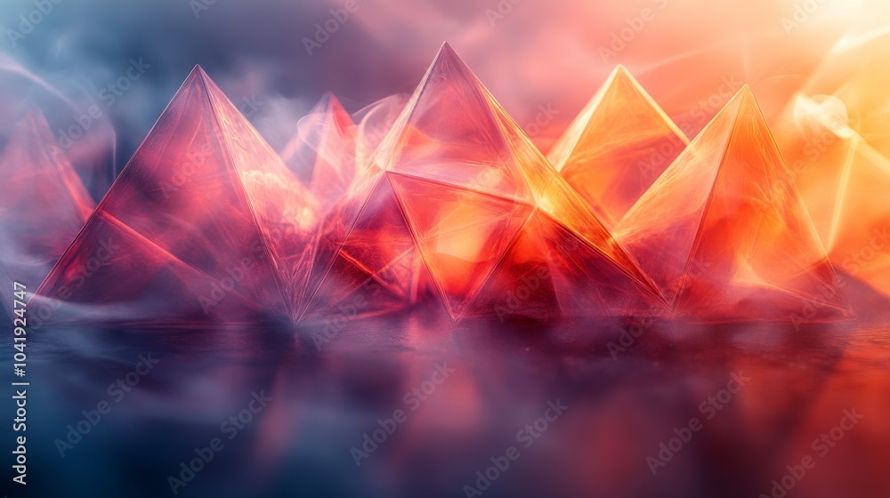 Aufkleber Brightly colored crystal pyramids rise from a reflective surface, surrounded by a soft mist, creating a mesmerizing and tranquil atmosphere at sunrise.
