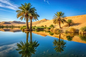 Desert oasis with lake and palm tree