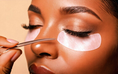 Close-up of young adult black woman getting professional eyelash extensions applied with tweezers, showing eyelash details and beauty enhancement process for cosmetic salon treatments