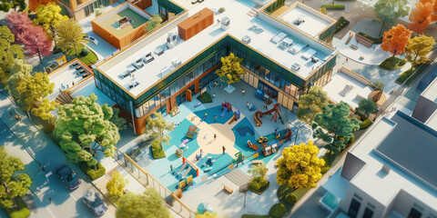 Aerial view of a school campus with digital classrooms, open study areas, and collaborative student zones