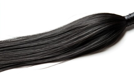 Straight, smooth black hair strand laid out neatly, isolated on a white background. The hair appears silky with a natural shine and sleek texture. --chaos