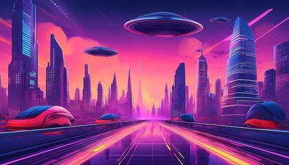 Futuristic city skyline with flying saucers